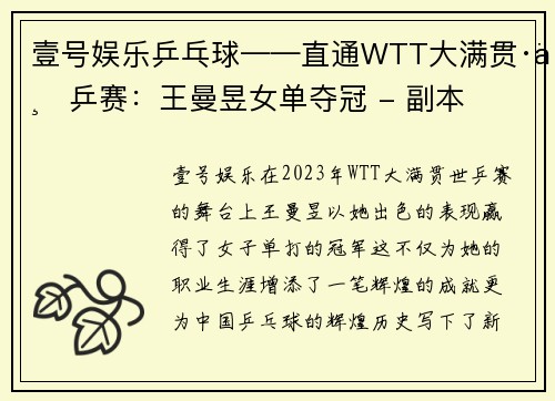 壹号娱乐乒乓球——直通WTT大满贯·世乒赛：王曼昱女单夺冠 - 副本