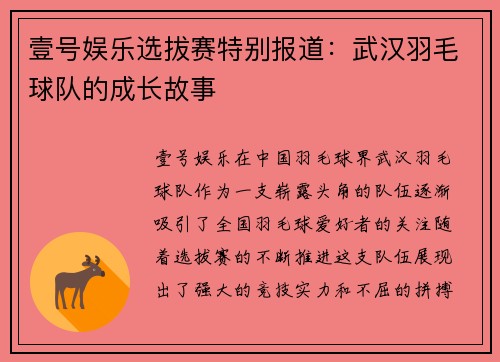 壹号娱乐选拔赛特别报道：武汉羽毛球队的成长故事