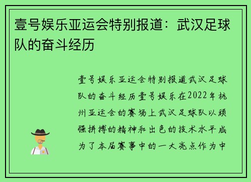 壹号娱乐亚运会特别报道：武汉足球队的奋斗经历