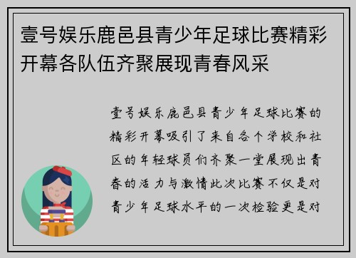 壹号娱乐鹿邑县青少年足球比赛精彩开幕各队伍齐聚展现青春风采