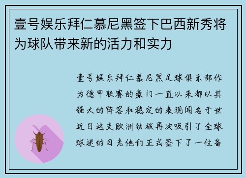 壹号娱乐拜仁慕尼黑签下巴西新秀将为球队带来新的活力和实力