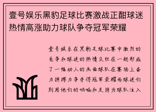 壹号娱乐黑豹足球比赛激战正酣球迷热情高涨助力球队争夺冠军荣耀