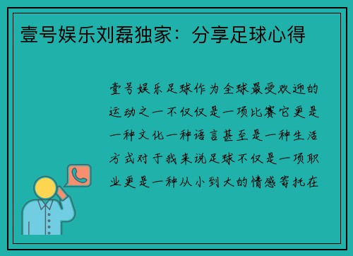 壹号娱乐刘磊独家：分享足球心得